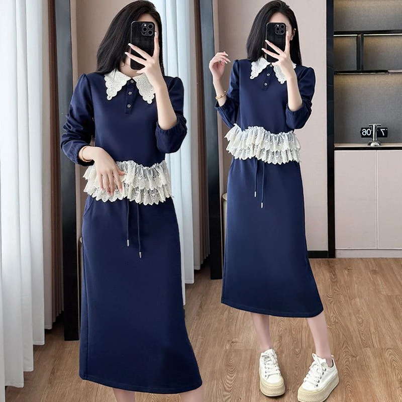 高级感连衣裙套装女秋季新款洋气显瘦蕾丝拼接卫衣半身裙子两件套