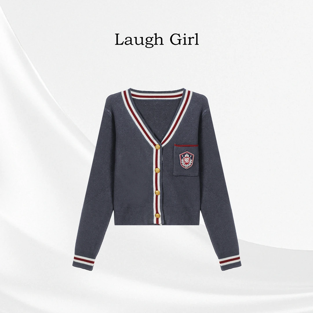 楚楚君 Laugh girl【学姐】时尚减龄学院风条纹V领针织开衫XL55050J