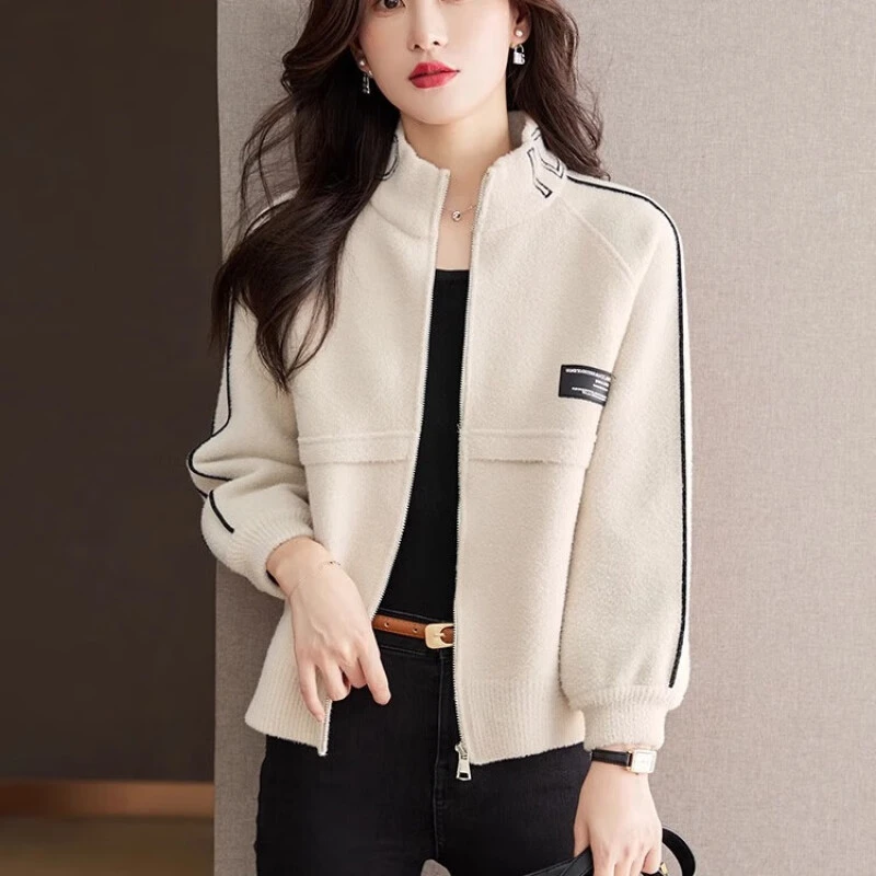 针织外套女春秋2025新款上衣立领棒球针织开衫春秋显瘦洋气短款