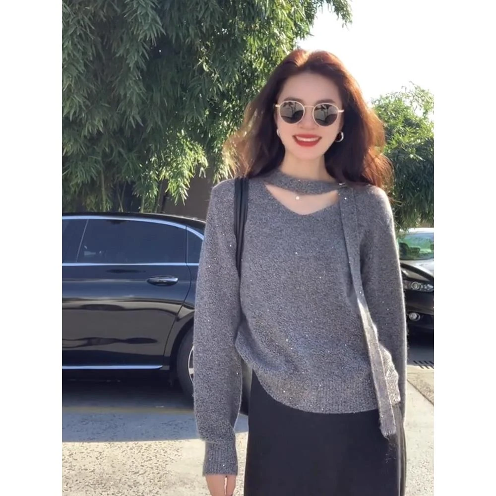 韩系气质灰色飘带v领内搭毛衣女秋冬季独特设计感漂亮针织衫上衣
