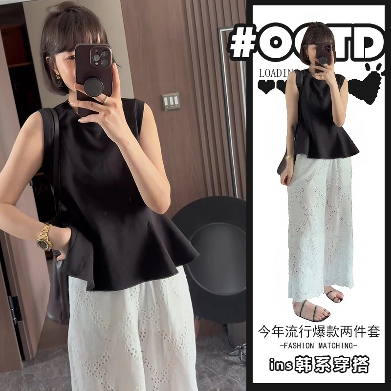 欧美炸街两件套装穿搭女时尚气质显瘦圆领上衣轻奢风镂空休闲裤潮