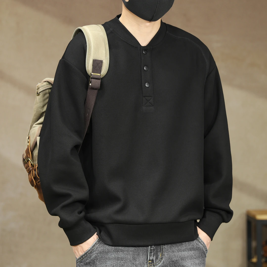 高端日系350g亨利领卫衣男春秋新款宽松内搭上衣美式复古男士外套