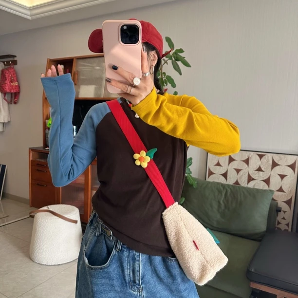 qiqi/琦琦推荐 韩版修身大弹力显瘦拼接设计款柔软亲肤百搭长袖T