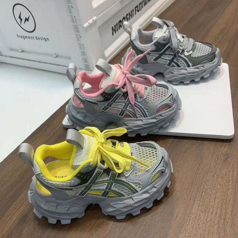 牧童巴黎儿童老爹鞋2025女童轻便跑步鞋透气网面中大童男童运动鞋