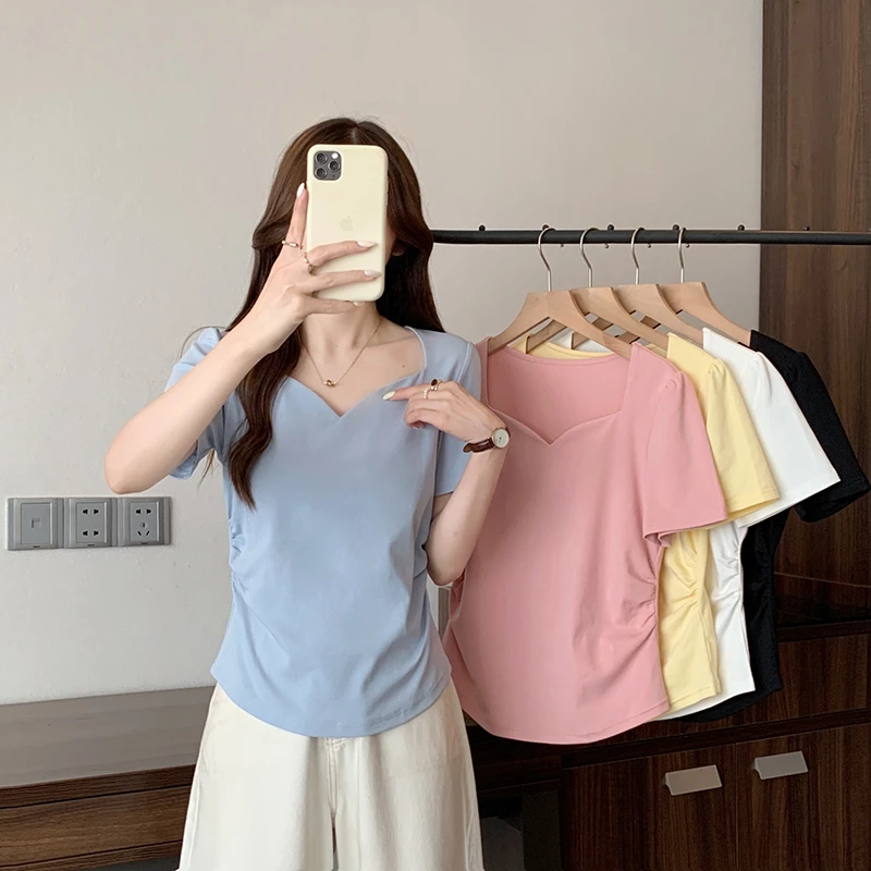 2025夏装新款胖mm大码女时尚别致不规则掐腰弧形短袖T恤