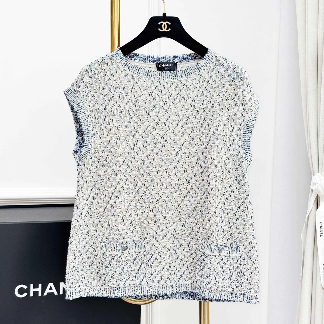 99新 Chanel/香奈儿  42码 米白色蓝色混色 无袖 针织 上衣