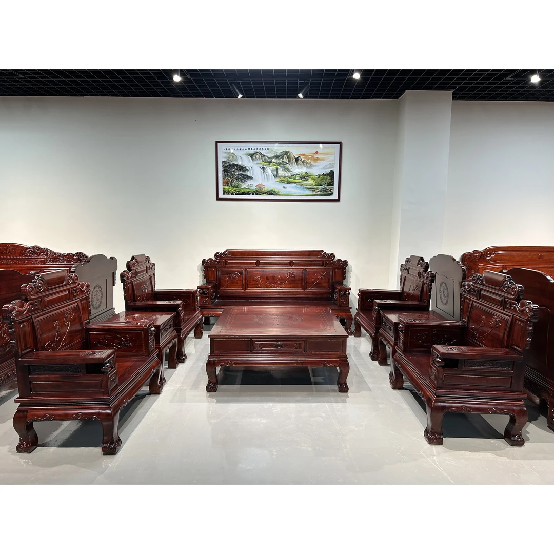 荷花财源款酸枝木全实木打造新中式雕花古典榫卯结构红木工艺沙发