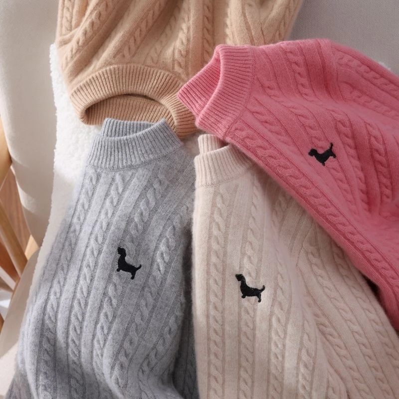 儿童100%羊毛衫扭花刺绣小狗男女童圆领加厚毛衣针织衫中大童打底