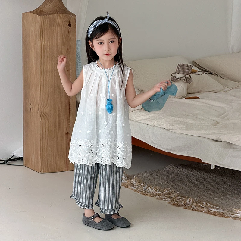 【安安家】女童简约百搭连衣裙夏季儿童套装条纹休闲裤两件套R25359
