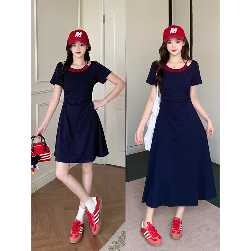 2025夏装新胖mm大码气质假两件长短款修身连衣裙酷飒风女装高级感