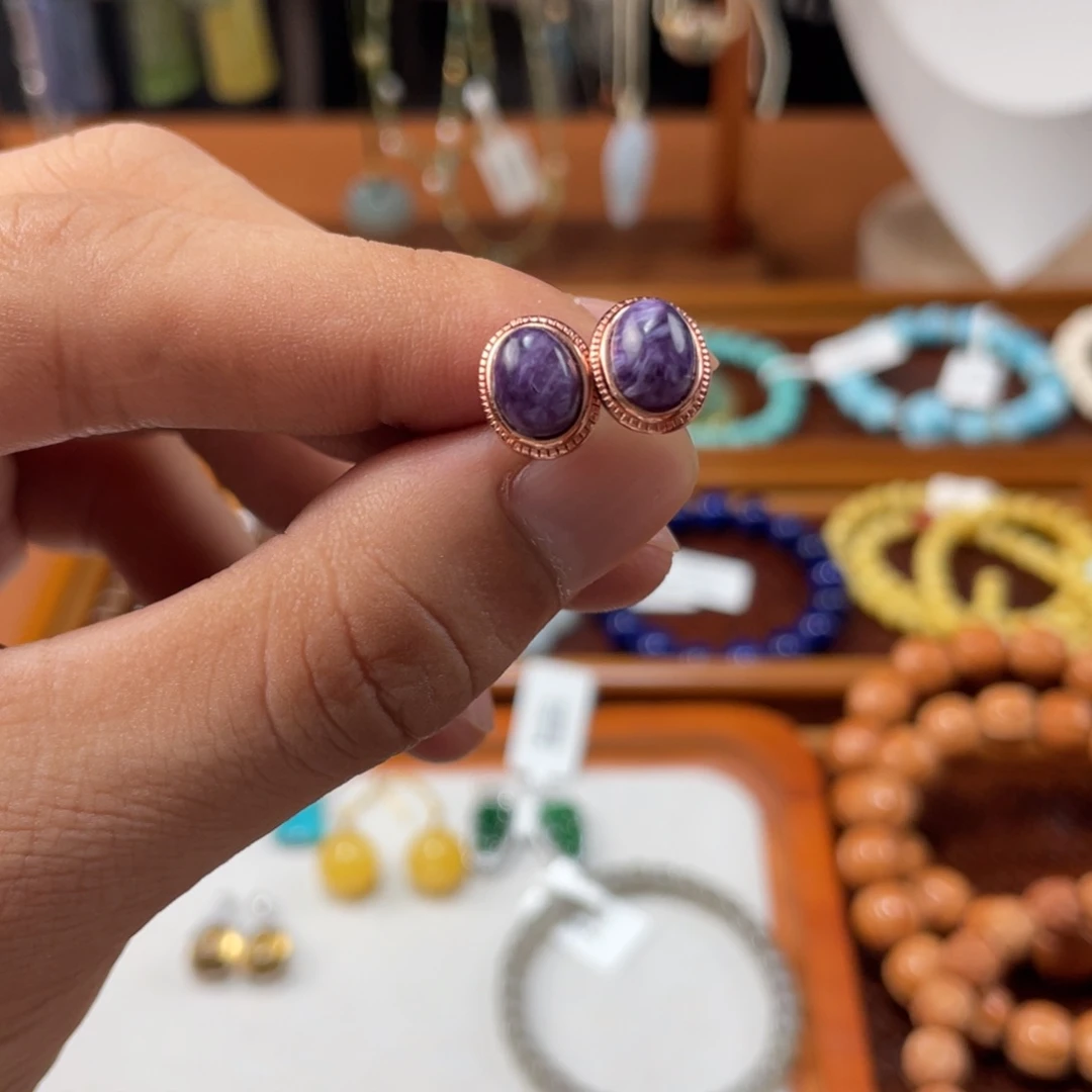查罗石（紫龙晶）银S925镀金镶嵌耳钉