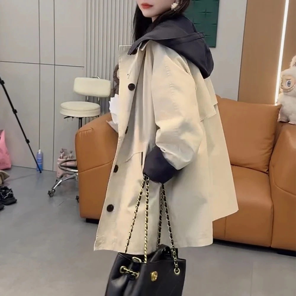 洋气中长款风衣外套女小个子微胖连帽宽松休闲百搭撞色显瘦上衣潮