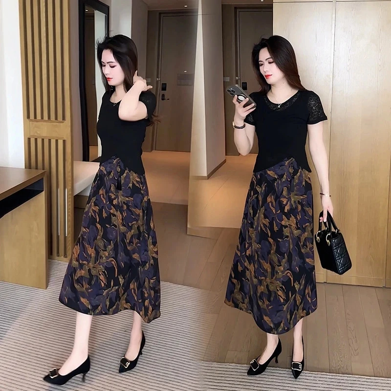2025洋气连衣裙女印花两件套裙子气质拼接夏季新款时尚显瘦新中式