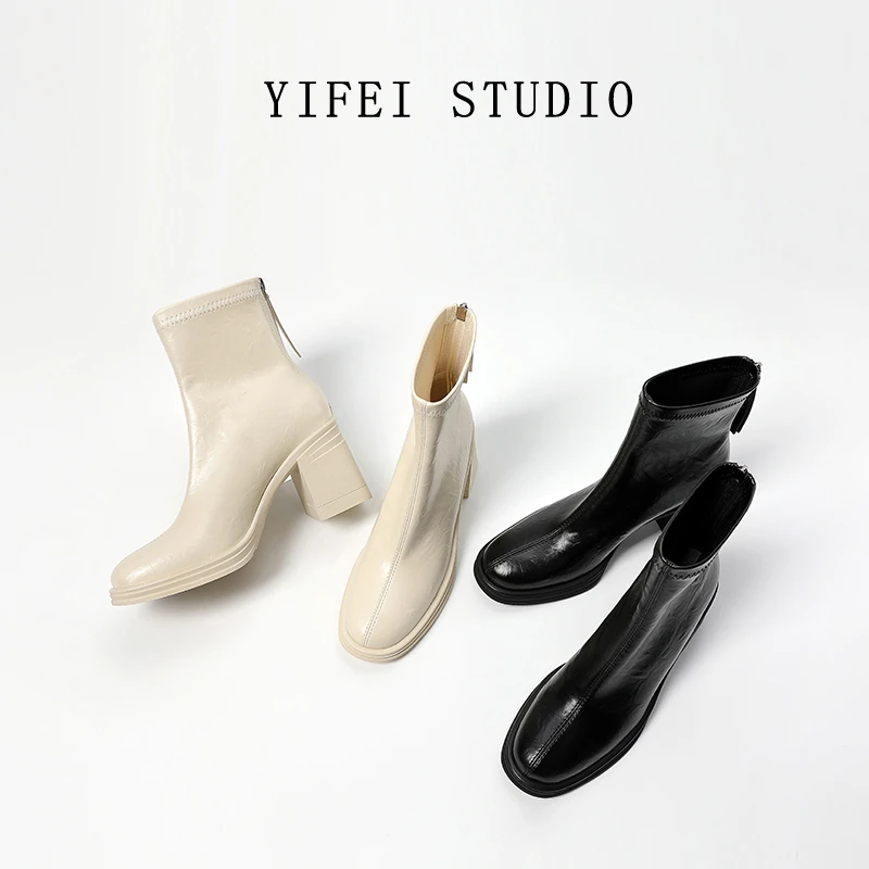 【跟高7CM】女款秋冬厚底粗跟白色短靴高跟瘦瘦靴2025爆款显瘦靴子