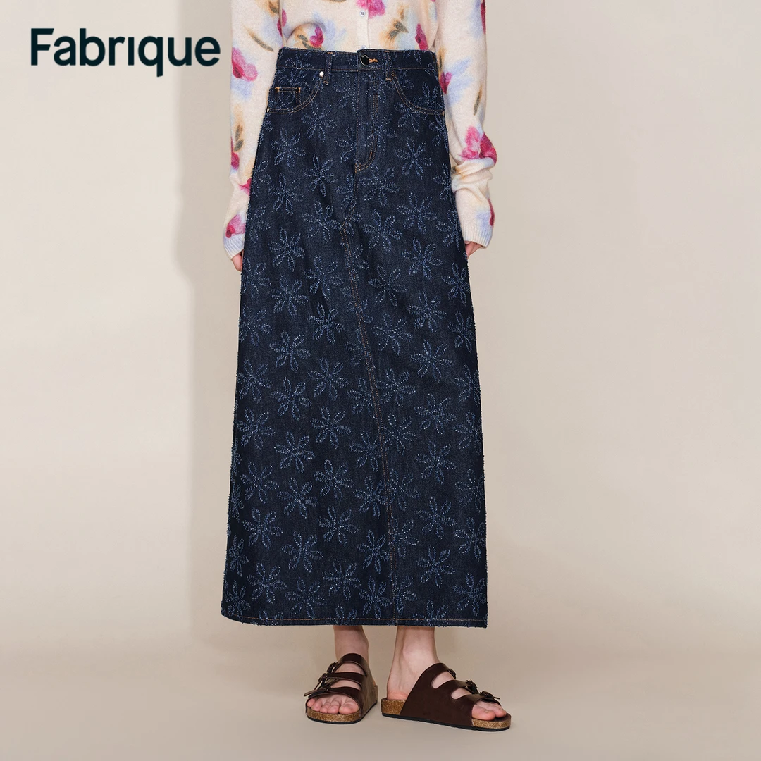 Fabrique Aria秋冬新品深蓝花朵钩花肌理A型高腰法式复古牛仔半裙