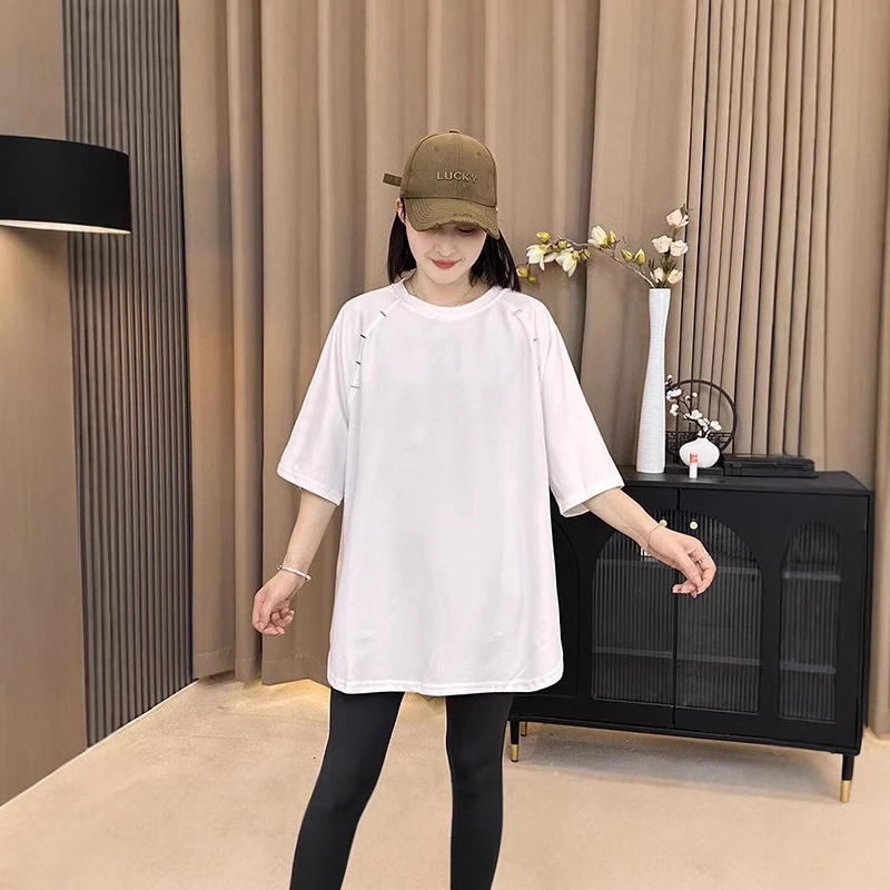 2025春季新款韩版宽松显瘦百搭圆领短袖恤女休闲中长款上衣潮