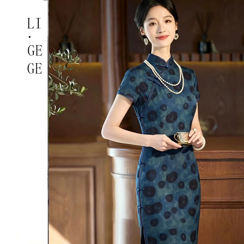 【KK专属】Li.GEGE【石青墨影】碎花新中式旗袍连衣裙QSCB1456