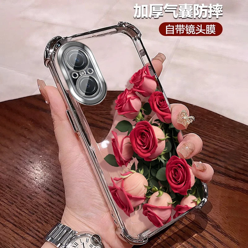 适用荣耀50手机壳女款透明防摔50pro硅胶镜头全包50se小众玫瑰花