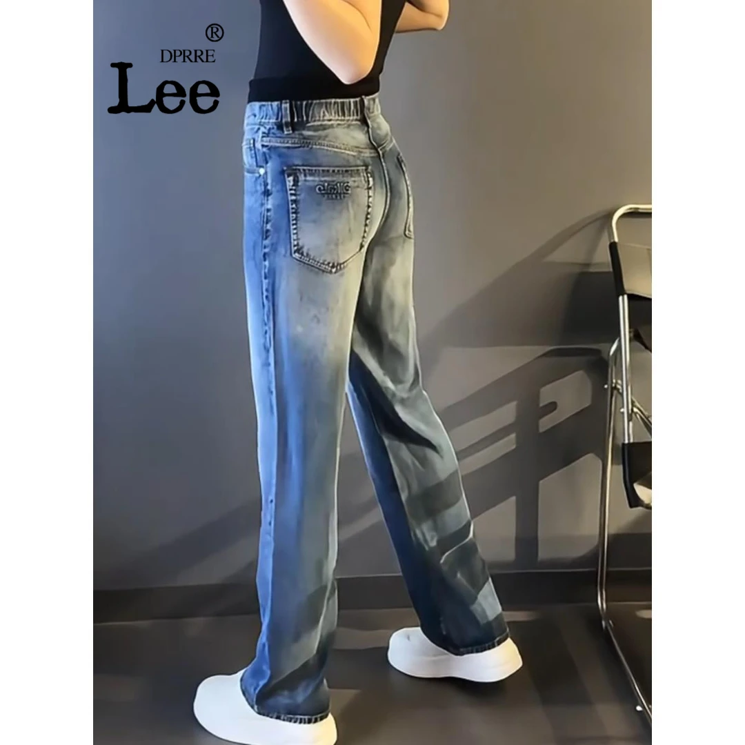 秋冬新款高级感大码男士时尚休闲直筒裤蓝色天丝牛仔裤宽松长裤潮