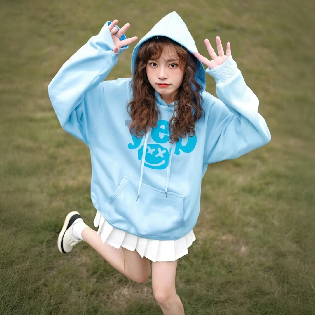 YEP复古水字母印花连帽卫衣男女春季新款长袖情侣帽衫宽松外套