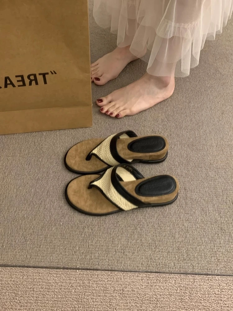 复古舒适百搭坡跟夹趾拖鞋女夏外穿罗马鞋文艺森系绝美沙滩凉拖鞋