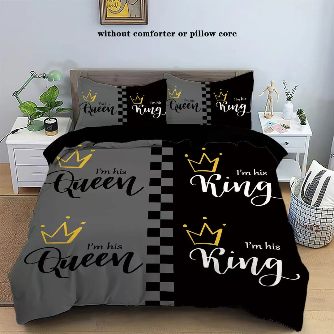 时尚数码印花四件套 King&Queen 图案 舒适床品套件