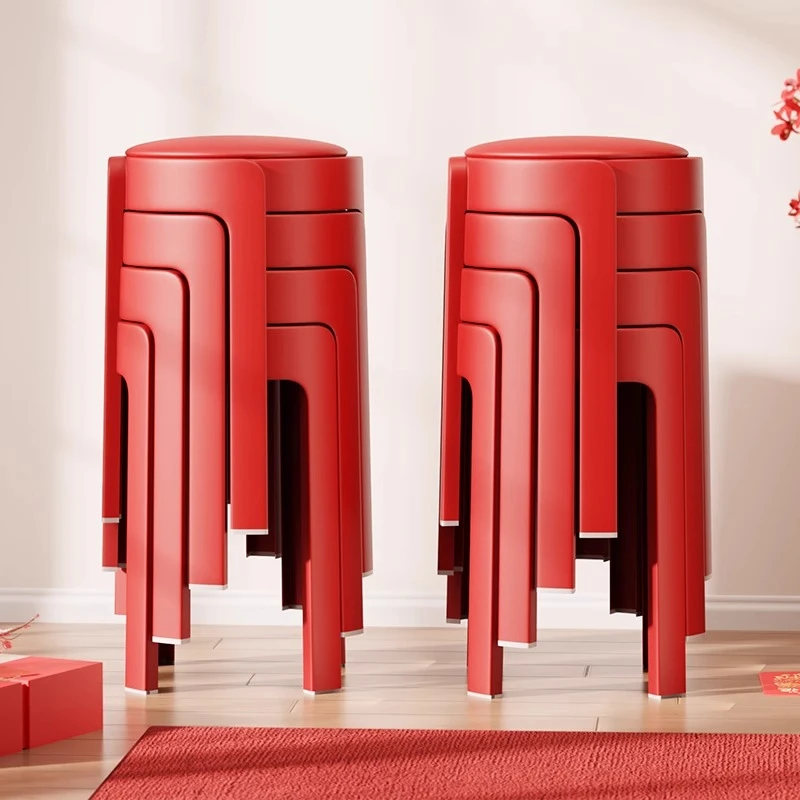 软包坐垫加厚红色塑料凳子结实耐用可叠放家用高凳出租房备用圆凳