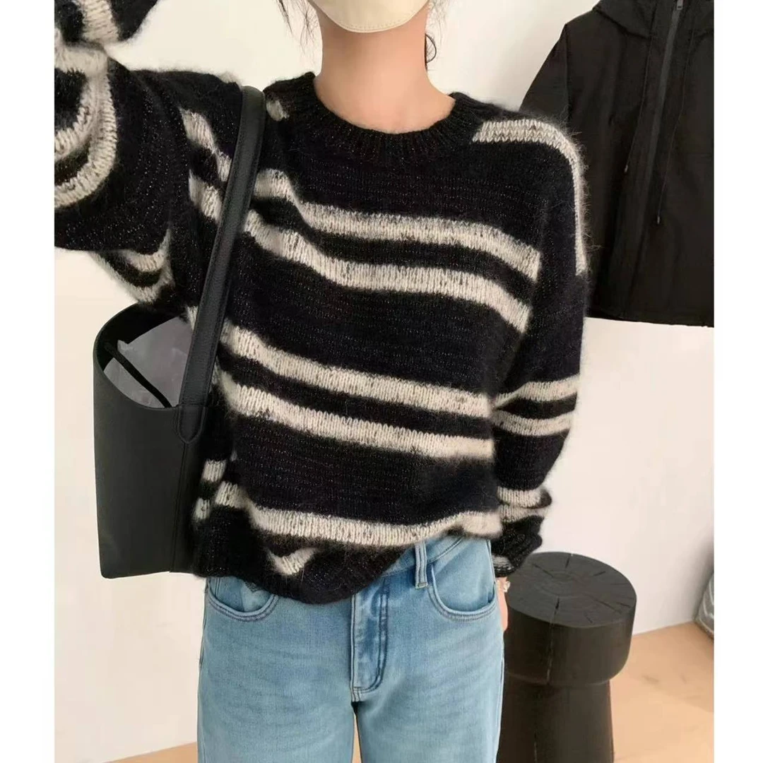 【亮丝条纹】高奢气质~条纹亮丝慵懒风宽松针织毛衣套头秋冬1105