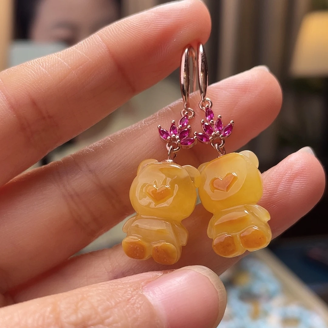 蜜蜡银S925镶嵌裸石耳环