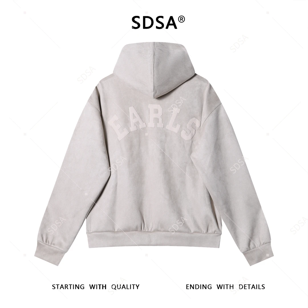 SDSA男士秋冬新款轻奢痞帅男装潮牌纯色后背贴布字母连帽拉链卫衣