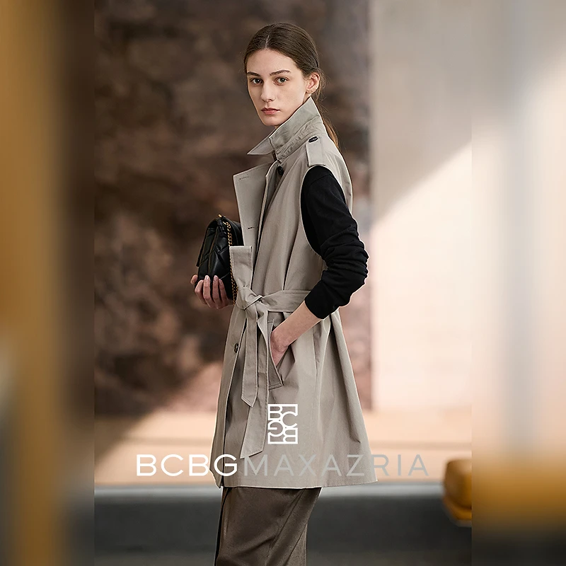 BCBG【时髦精致范】风衣式系带收腰女式马夹2025春夏BMC07AZ2020