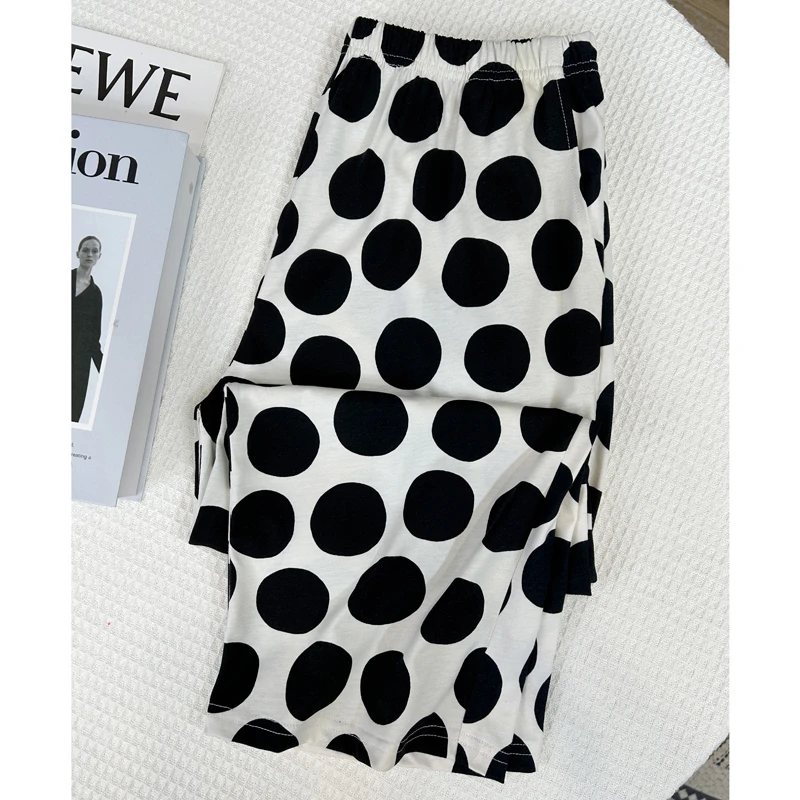 【黑白波点】高支新疆长绒棉100%纯棉夏季女睡裤八分裤柔软居家裤