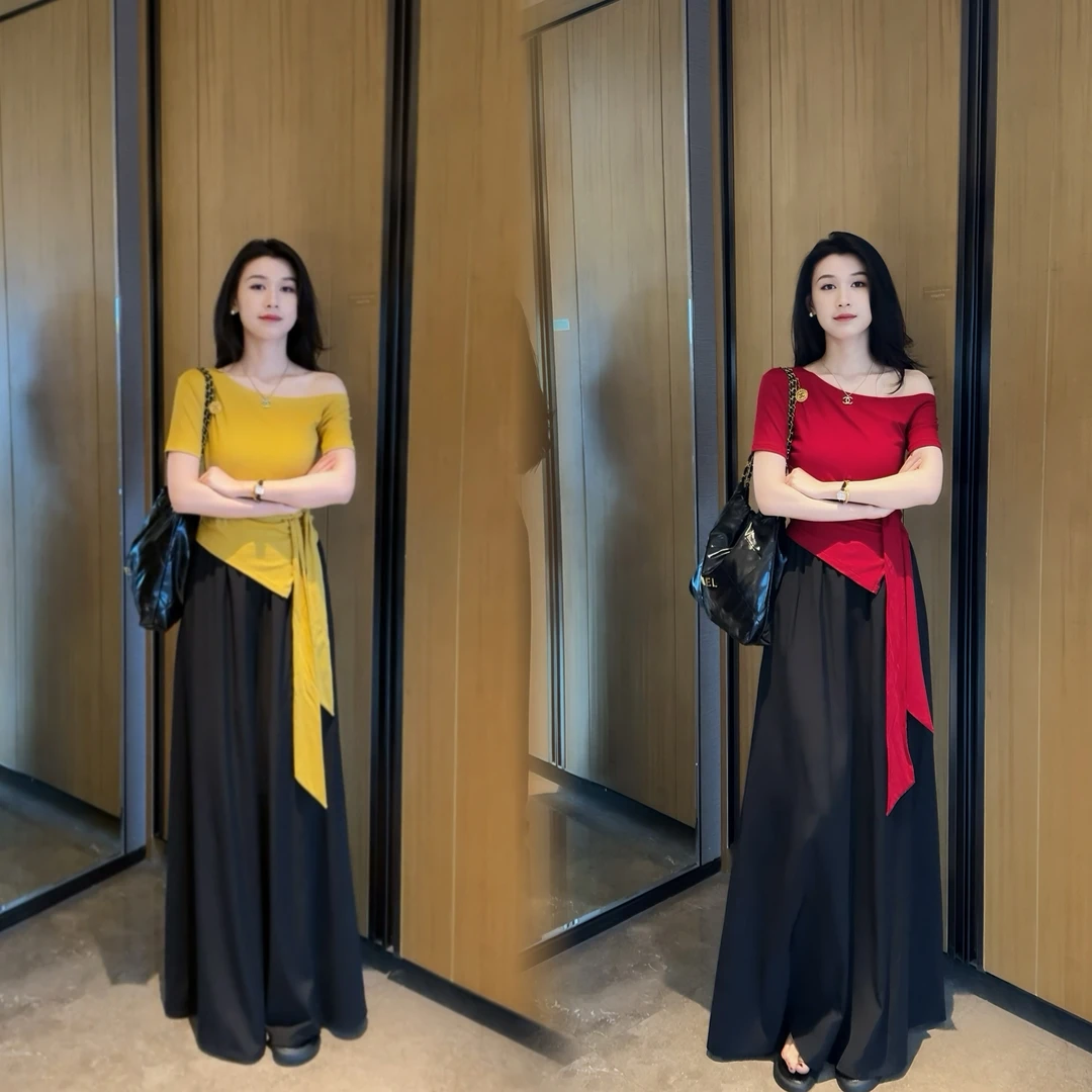 红色不规则斜肩短袖T恤夏季设计感气质收腰系带露肩上衣裤子套装