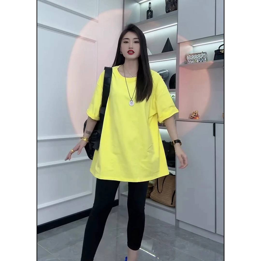 简约百搭彩色五分袖大版T恤宽松休闲夏季中长款时尚设计感