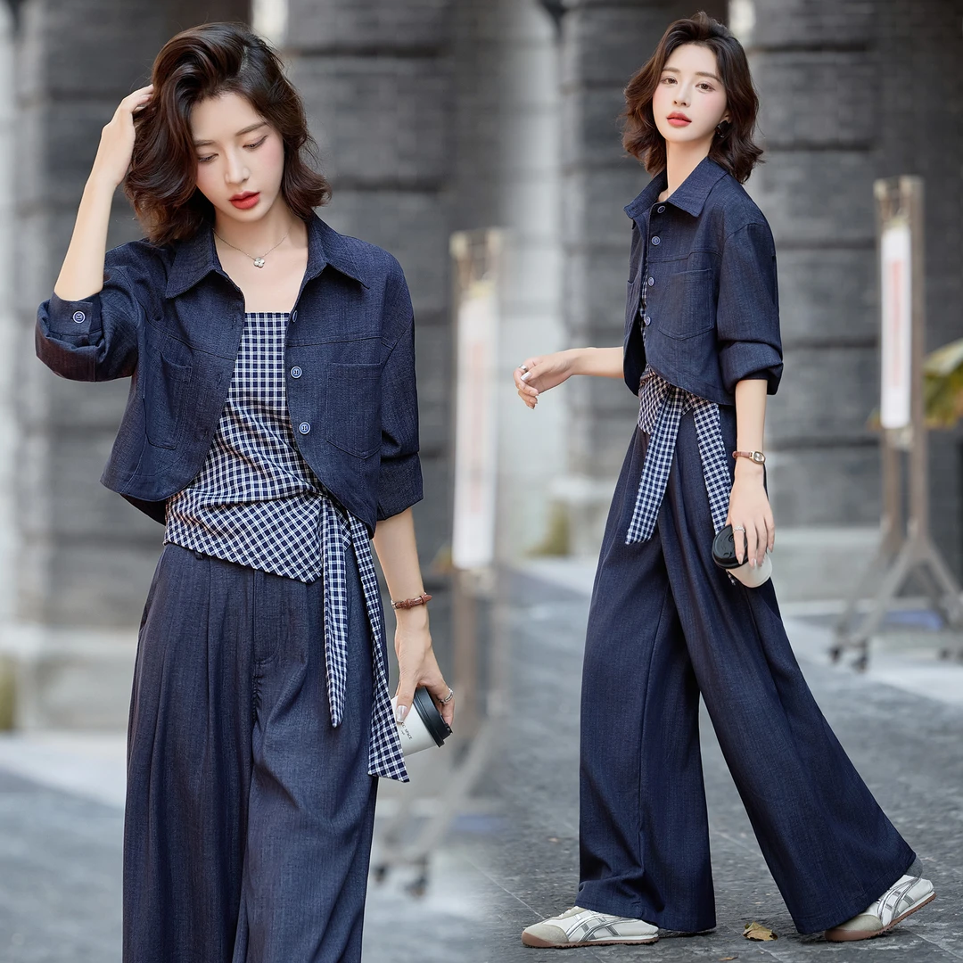 韩式复古格纹撞色拼接套装女2025年春秋新款洋气减龄阔腿裤三件套