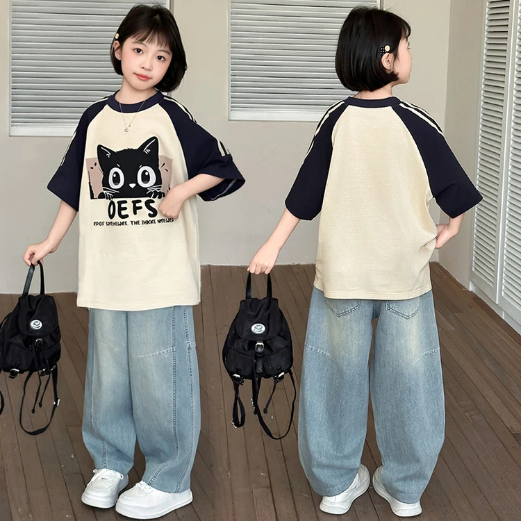 女童薄款套装2025新款夏装洋气大童短袖牛仔裤两件套儿童宽松韩版