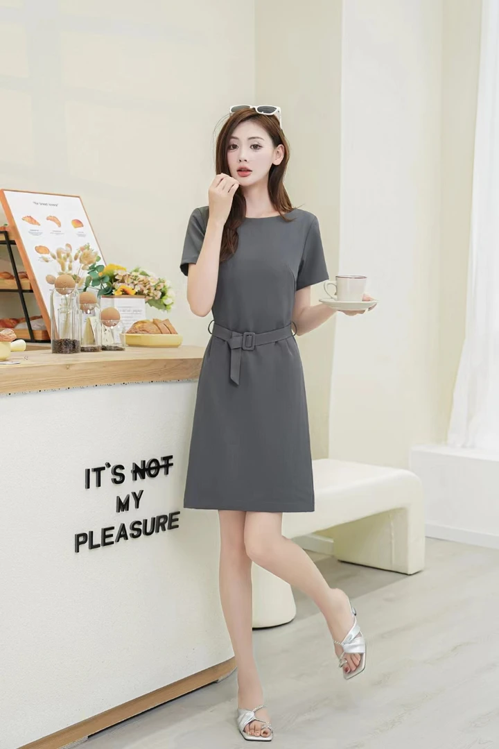 夏季圆领轻职风小个子百搭休闲复古港风连衣裙B2328