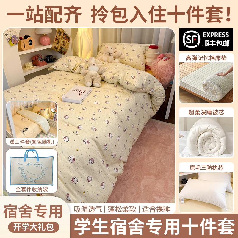 【学生十件套】卡通学生宿舍开学套件双层纱三件套+被芯+枕芯+床垫