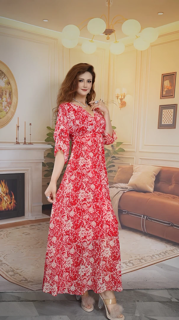 【夏季红色V领印花连衣裙】2025新款海边度假舒适气质显瘦雪纺长裙