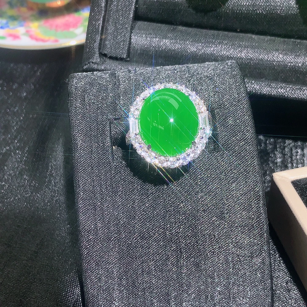 「霞姐珠宝」天然绿玉髓大鸽子蛋s925银镶嵌调节戒指