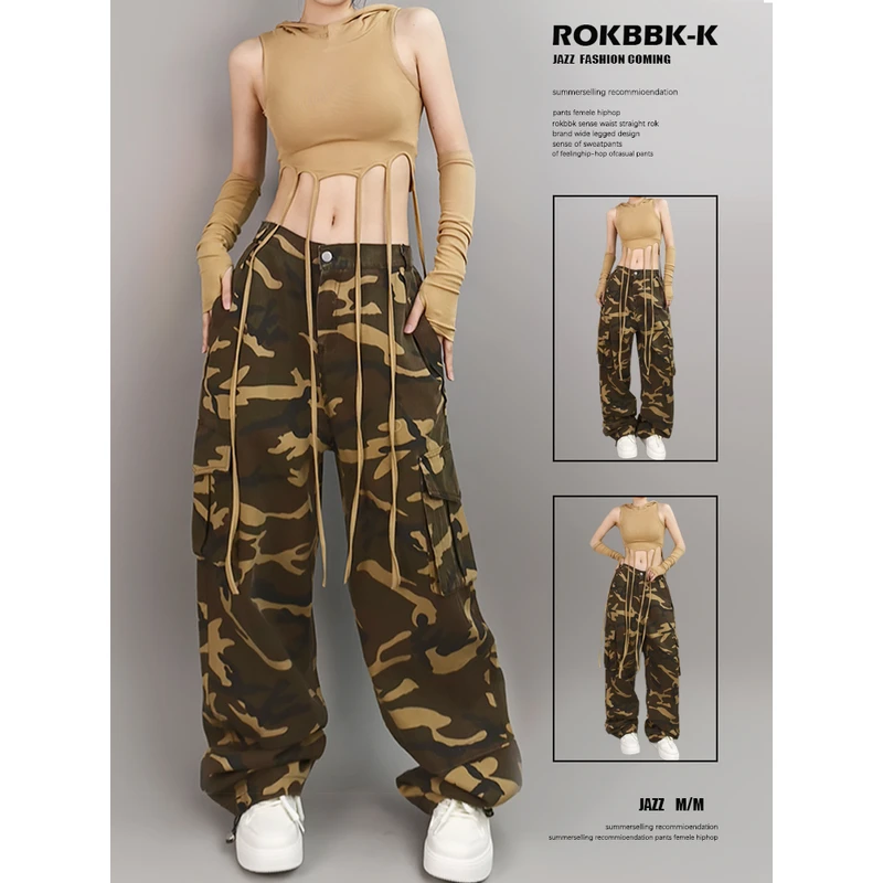 ROKBBK-K/布韩街舞潮牌迷彩休闲hiphop跳舞长裤女爵士宽松套装潮