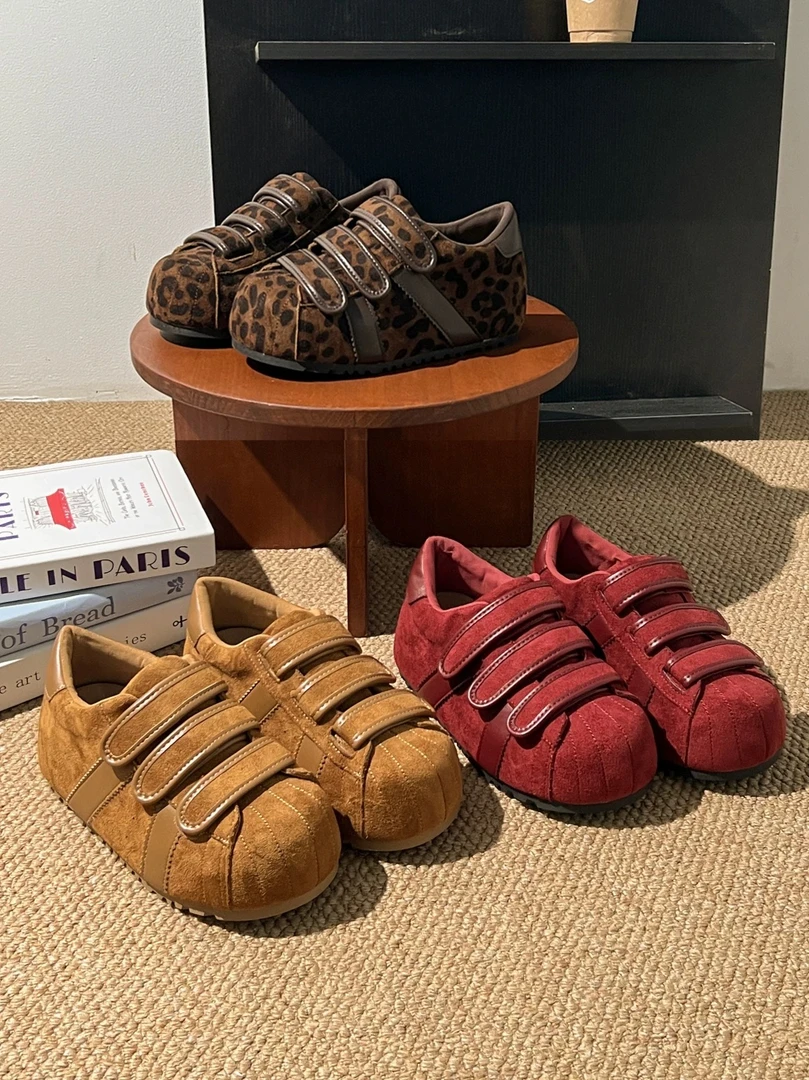 2025秋季新款豹纹百搭内增高6CM厚底博肯小个子魔术贴休闲面包鞋