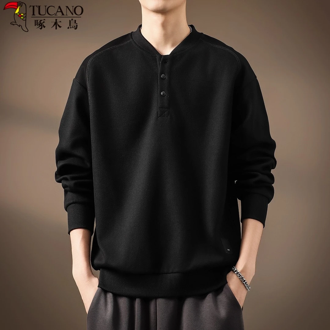 啄木鸟高端日系亨利领卫衣男秋季新款宽松内搭上衣美式复古男外套