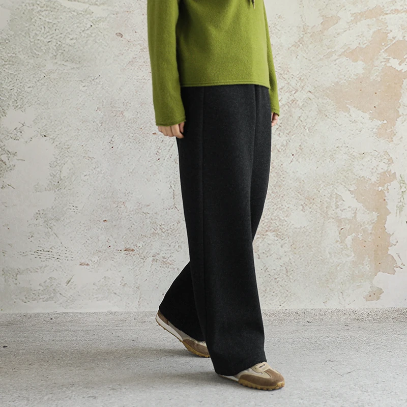 尘染·绵羊毛·黑色加厚裤子女2025冬季新款休闲长裤宽松阔腿裤