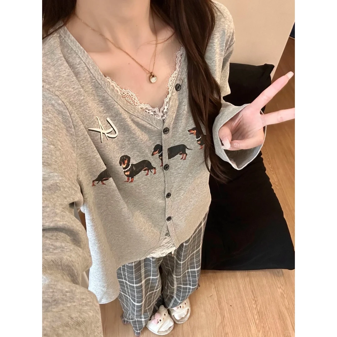 甜美卡通腊肠狗蕾丝花边睡衣女春秋季新款大码长袖长裤家居服套装