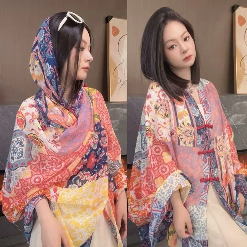 夏季防晒披肩女丝巾纱巾2025新款盘扣长款民族风旅游拍照薄款沙滩