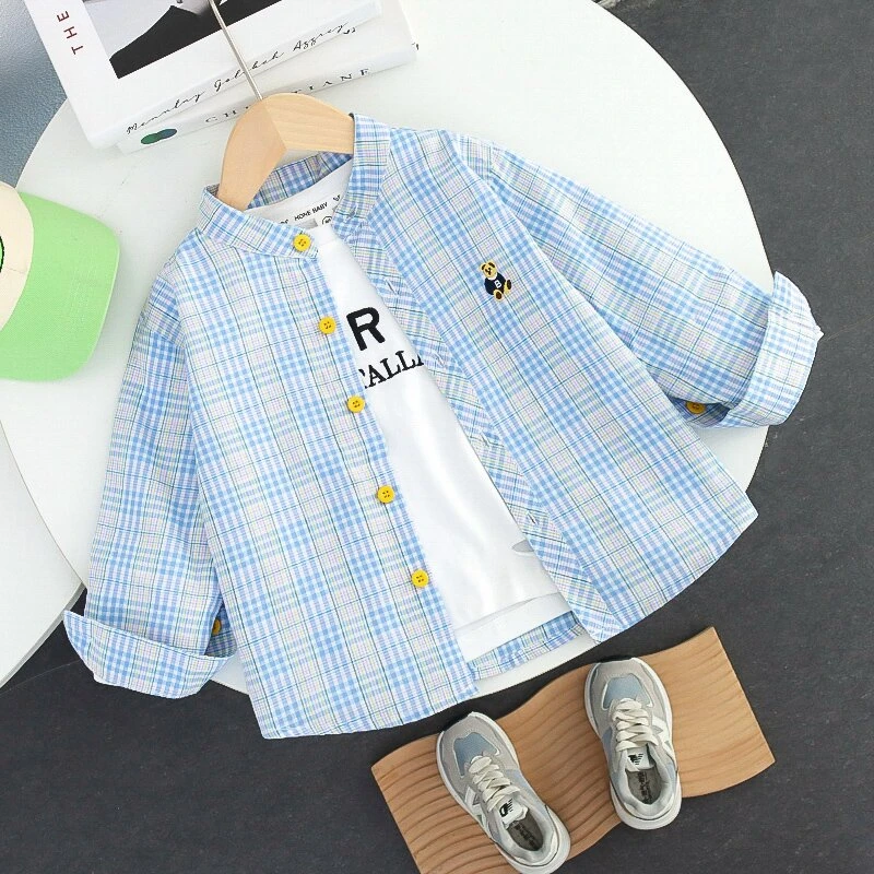 男童长袖衬衫2025春秋装新款格子立领上衣小童装春季儿童宝宝衬衣