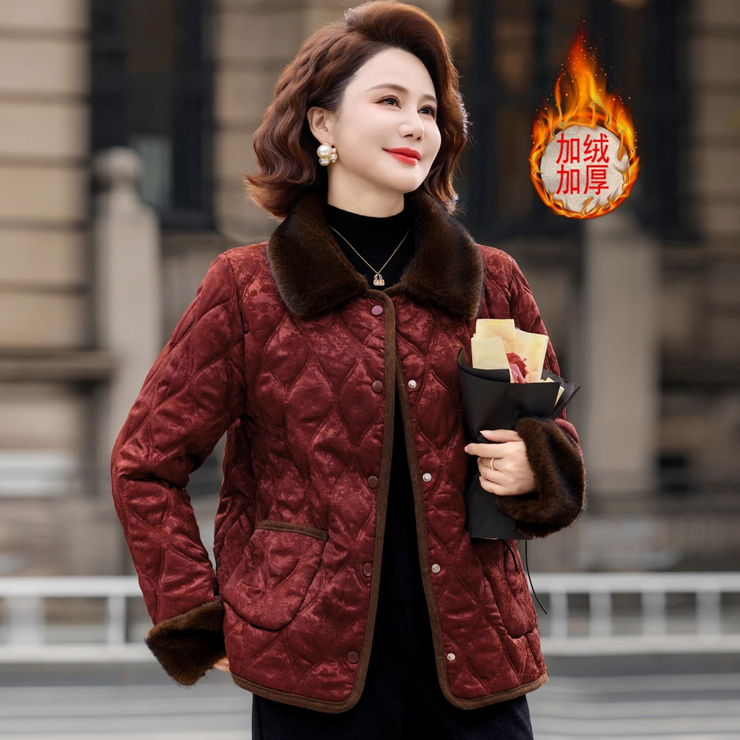 妈妈冬装加绒加厚棉衣外套洋气新中式国风中老年女装保暖棉袄棉服