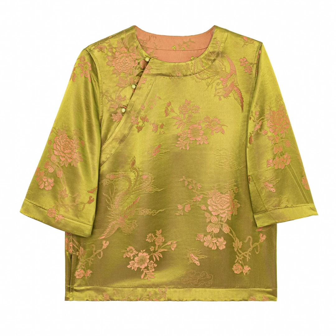 【风荷】新中式桑蚕丝老软缎凤凰牡丹提花国风气质百搭上衣C515131