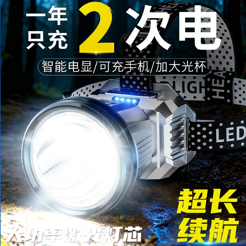 强光超亮可充电头戴式感应头灯适用于户外夜钓登山徒步工作矿灯